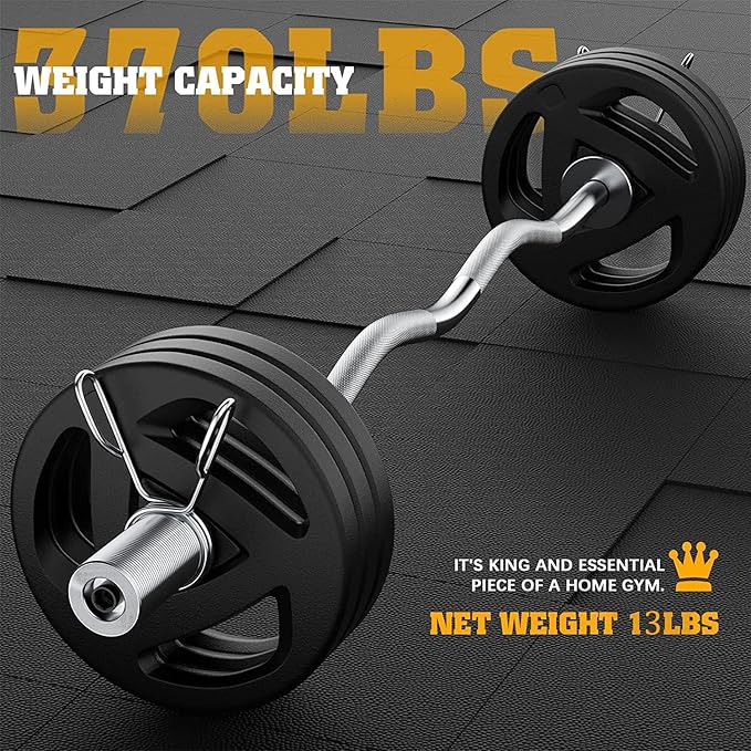 Olympic EZ Curl Barbell Bar, 47” Strength Training EZ Bar for Weight Lifting,Hip Thrusts,Biceps, triceps, Back/Leg Muscle Exercise,Chrome Curling Bar for 2 Inch Weight Plates,with 2 Spring Collars(500LBS)