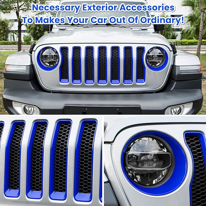 Front Grille Mesh Inserts & Headlight Cover for Jeep Wrangler JL JLU Sport & Sport S Only 2018-2023 Exterior Accessories Clip-in Grille Guard Cover Headlight Bezels Trim Ring (Blue 9PCS)