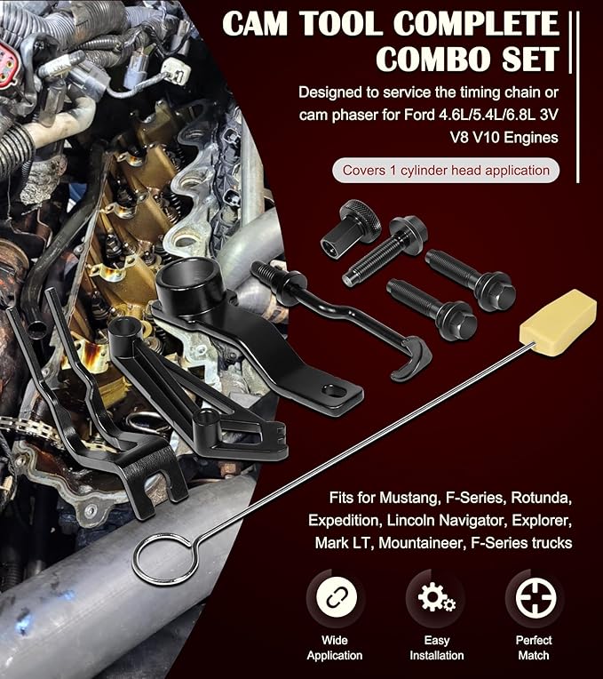 Timing Belt Tools Set for Ford 4.6L, 5.4L & 6.8L 3V Engines, Cam Phaser Holder & Mounting Bolt Tool, Timing Chain Locking Tool, Valve Spring Compressor Tool, Crankshaft Positioning & Pulley Bolt Tool