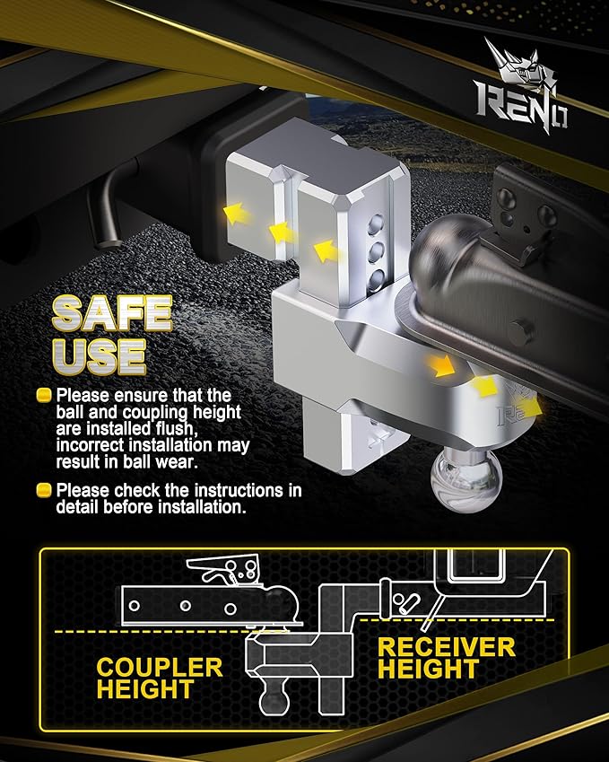 RENO Adjustable Trailer Hitch (Fits 3-Inch Receiver) - Heavy Duty Aluminum Tow Hitches with 6-Inch Drop/Rise for Truck (21,000 LBS GTW) - 2" and 2-5/16" Dual Ball Mounts