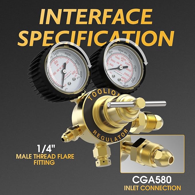 TOOLIOM Nitrogen Regulator with 6' 7" Hose CGA580 Inlet Connection, 0-600 PSI and 0-4000PSI Output Pressure, Heavy-Duty Brass Handle, 1/4'' Male Flare Outlet Connection