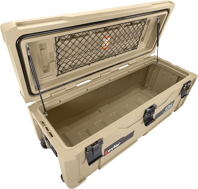 SRX-175 Overlanding Cargo Case – 175L Waterproof Storage Box for Camping, Off-Road & Truck Bed Gear – Heavy-Duty Lockable Storage with Gas Strut Lid, Stackable Design & Interior Organizer Tray (Tan)
