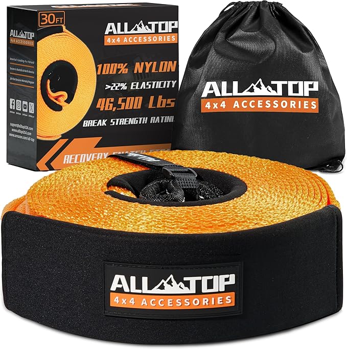 ALL-TOP Recovery Snatch Strap, 4in x 30ft - 46500Lbs, Extreme Duty 100% Nylon Kinetic Towing Recovery Strap with 22% Elongation & Reinforced Loops