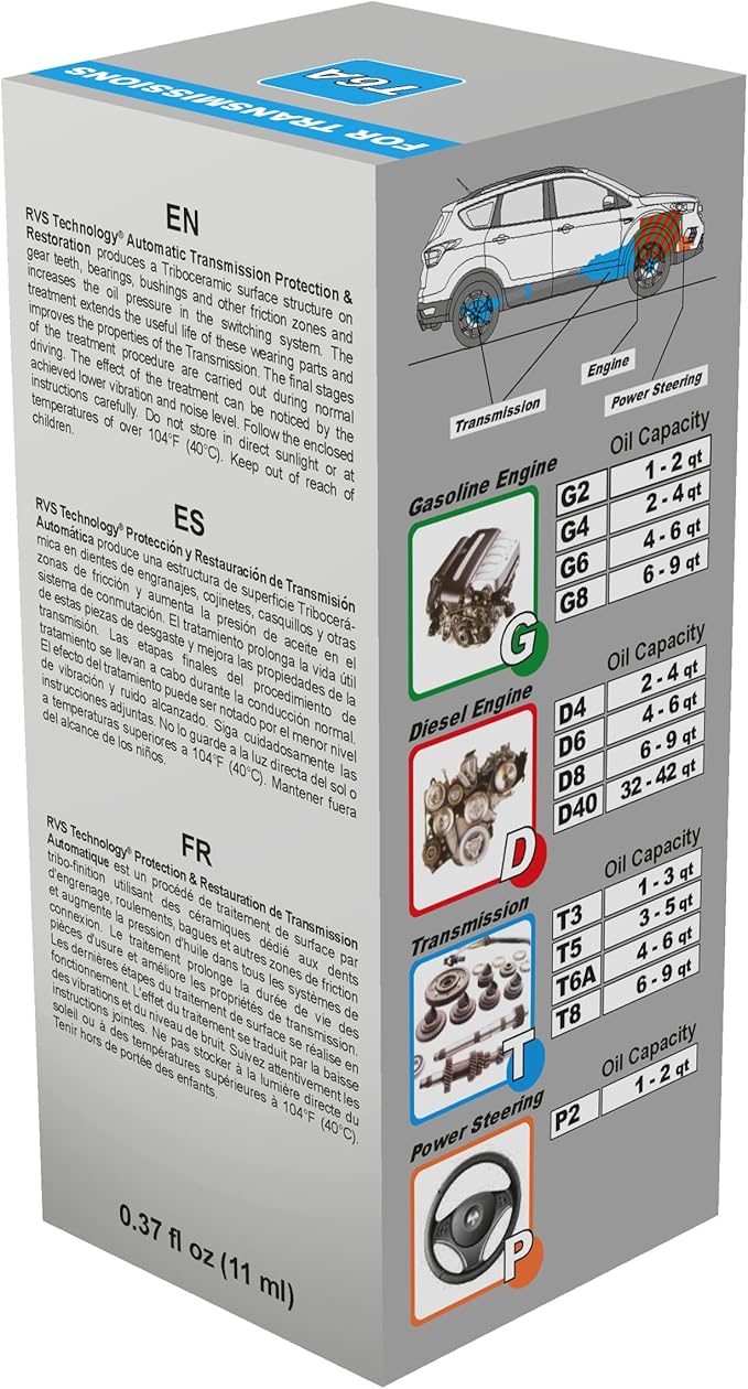 T6A Automatic Transmission Fluid Treatment. For transmissions with an Oil Capacity up to 6 quarts. Safe for All Manual & Automatic transmissions.