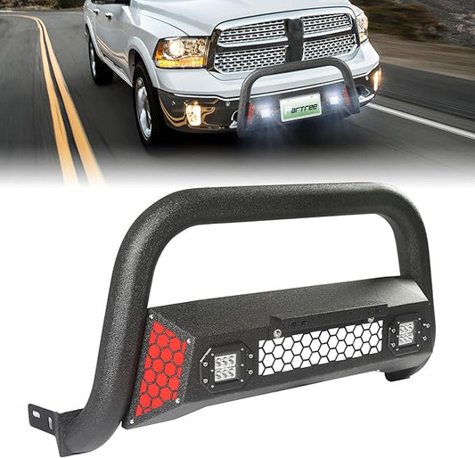 Bull Bar Fit for Dodge Ram 1500 2009-2018 & Ram 1500 Classic 2019-2025((Exl Rebel Warlock Sport) with LED Light,w/License Plate Bracket DIY Paintable Front Bumper Brush Push Bar Grille Guard