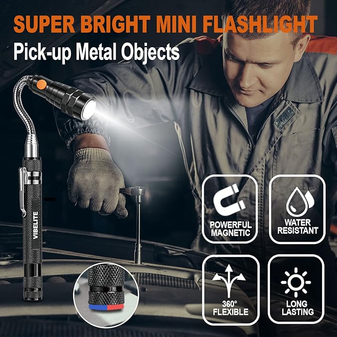 Telescoping Magnetic Pick Up Tool with 1lb& 15lb Pickup Rod, Round& Square 360 Swivel Adjustable Inspection Mirror, Flexible LED Flashlight, Christmas Gifts Stocking Stuffers for Men, Teen Boys, Him