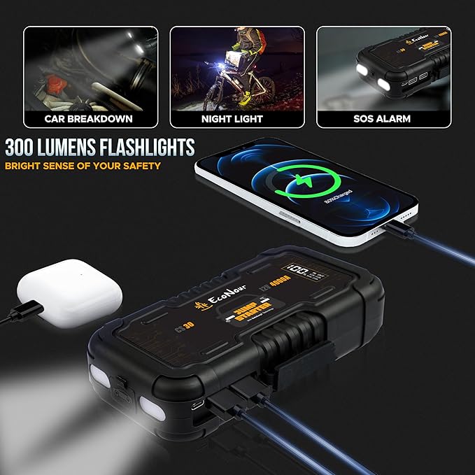 Econour 4000A Car Jump Starter – 12V Battery Booster Pack for Up to 10L Gas & 10L Diesel Engines, 25000mAh Portable Power Bank with 65W Fast Charging, LED Display, Jumper Cables & Emergency Flashlight