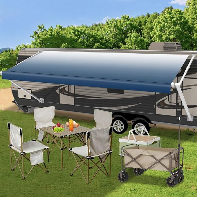 RV Awning Fabric Replacement,Camper Trailer Motorized Awning Replacement for Motorhome,Heavy Duty Weatherproof 18.5oz Outdoor Vinyl RV Canopy 11'(Fabric 10'2") Blue Fade