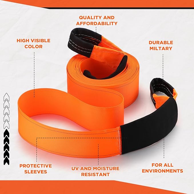 Windyun 4" x 50 ft Recovery Tow Strap Road Straps Heavy Duty Tow Rope Recovery Rope with Reinforced Loops and Protective Sleeves for Vehicle Truck Winching Gear Accessories 20, 000 Lbs