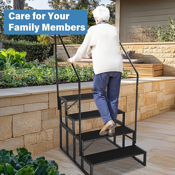 RV Steps with Dual Handrails, 4 Step Spa Hot Tub Steps with Anti-Slip Pedals, 400lbs Load Capacity, Universal Portable Mobile Home Stairs Steps for 5th Wheel RV, Spa, Porch, Pool, Travel Trailers