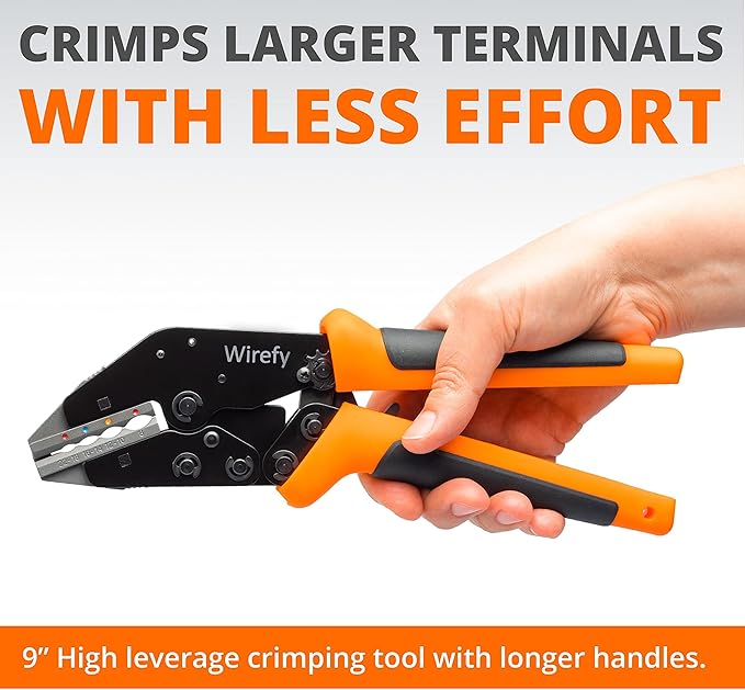 Wirefy Crimping Tool 9" for Quick Change Crimping Dies 26-4 AWG | High Leverage Wire Crimper | Crimping Pliers | Ratcheting Terminal Crimp Tool