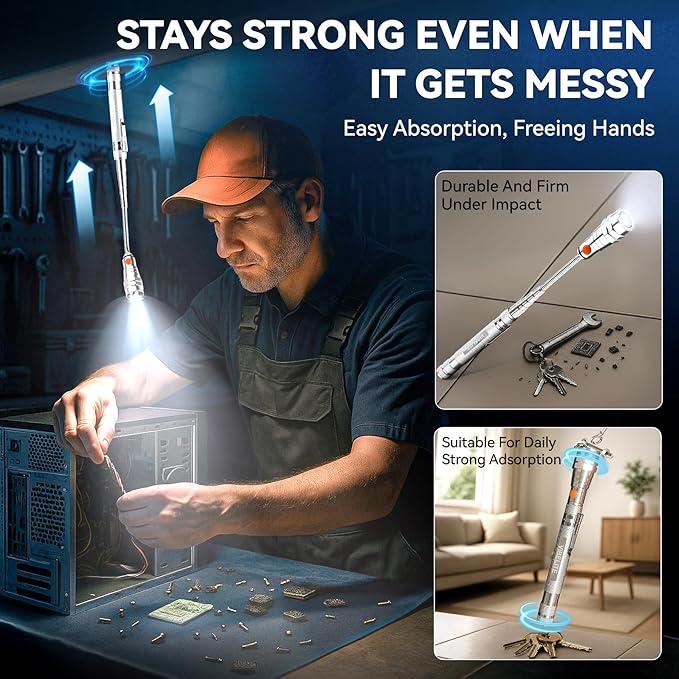 VIBELITE Extendable Magnetic Flashlight with Telescoping Magnet Pickup Tool-Cool Gadget Christmas Gifts Stocking Stuffers for Men, Teen Boys, Husband, Dad, Father, Mechanic, Him, Women, Silver