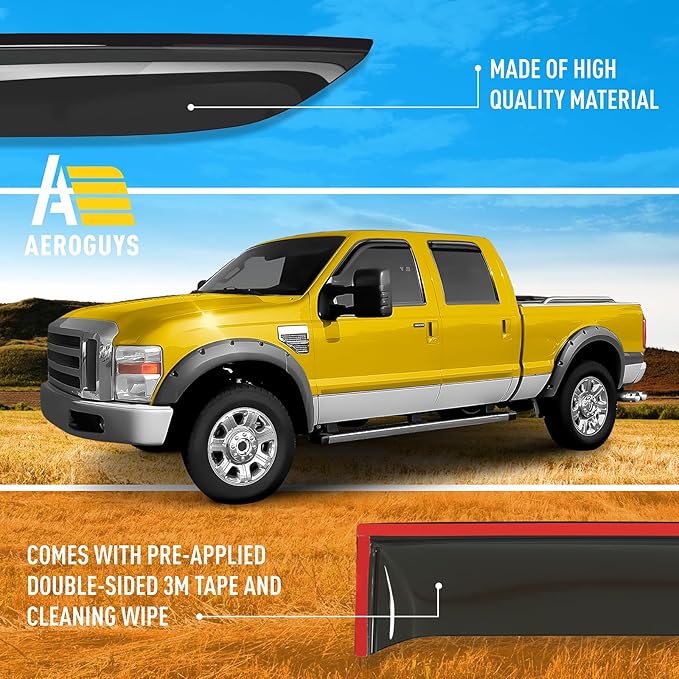 Extra Durable Window Deflectors Tape-On Visors Rain Guards Fit for Ford F250-550 Super Duty 1999-2016 SuperCrew, Sun Visors, Wind Vent for Shades, Exterior Car Accessories - 4pcs. AG0874