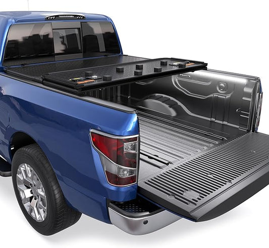 Aluminum Tri Hard Truck Bed Tonneau Cover Compatible for 2016-2024 Nissan Titan (Non-XD) Fleetside 5.6 FT Bed On Top 67 inch+2X 60 Inch Light Strip 6500K White 3900LLM