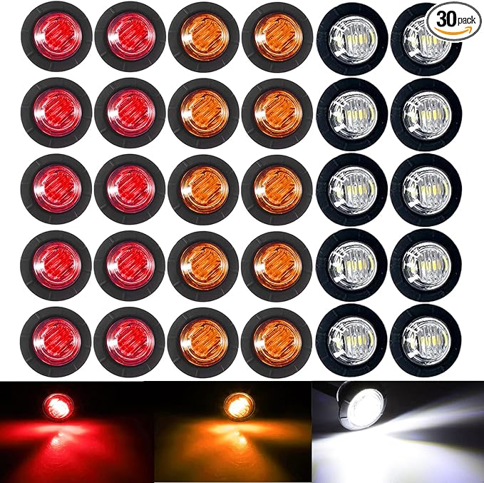 KEING 10 Pack Amber + 10 Pack Red + 10 Pack White Sealed Waterproof Mini Small Round 3/4 Inch LED Marker lights Signal Lights Indicator Lights 12V for Trailer Truck Bus Van ATV RV Lorry Caravan
