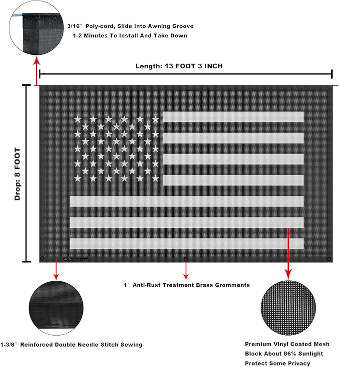 Tentproinc RV Awning Sun Shade Screen 8' X 13' 3'' (American Flag) Black Mesh Sunshade Camper Trailer Awning Shade Screen UV Blocker Completed Kits