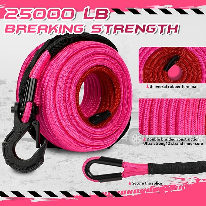 Synthetic Winch Rope, 3/8'' x 85ft 25,000LBS Double Braided Synthetic Winch Line 3/8 Winch Cable Replacement Synthetic Rope with Forged Winch Hook for 4WD Off Road Vehicle SUV Truck(Pink)
