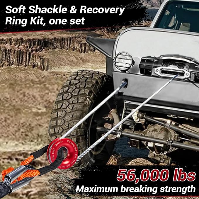 Soft Shackle & Recovery Ring Set 2pcs 1/2"x22" Synthetic Winch Rope 56,000lbs Breaking Strength, 1pcs Snatch Ring for ATV UTV SUV Truck Offroad Vehicle Orange