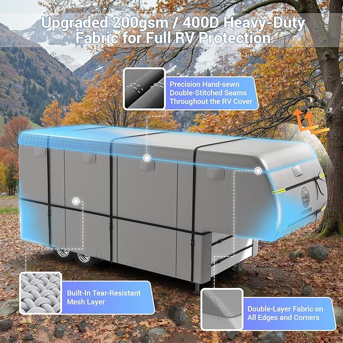Heavy Duty Travel Trailer 5th Wheel RV Cover 41-45ft, 8 Layers Breathable Waterproof Rip-Stop Camper Cover with Adhesive Repair Patches, Gutter, Tire & Additional Straps