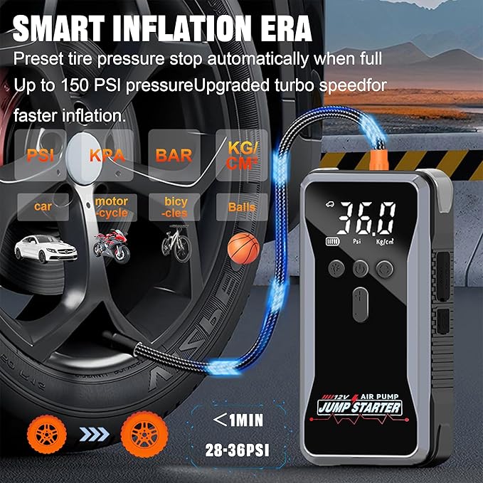 Car Battery Jump Starter with Air Compressor,2000A Peak Battery Jumper Starter Portable with 150PSI Tire Inflator, 12V Jumper Cables(9L Gas/8L Diesel) Jumpbox, LCD Display,LED Light, USB Quick Charge