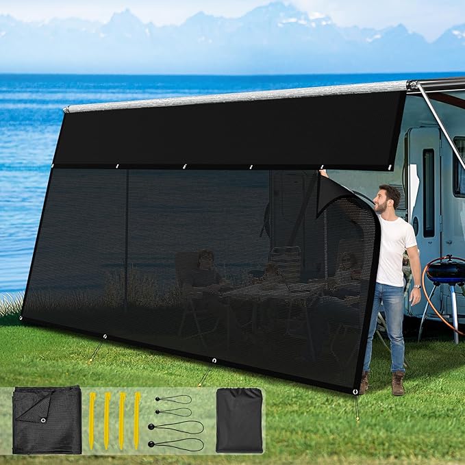 RV Awning Sun Shade Screen with Zipper 6' X 16'3",600D Oxford Cloth + Vinyl Mesh,Sunscreen Shade Complete Kits for Camper Trailer Awning,Black