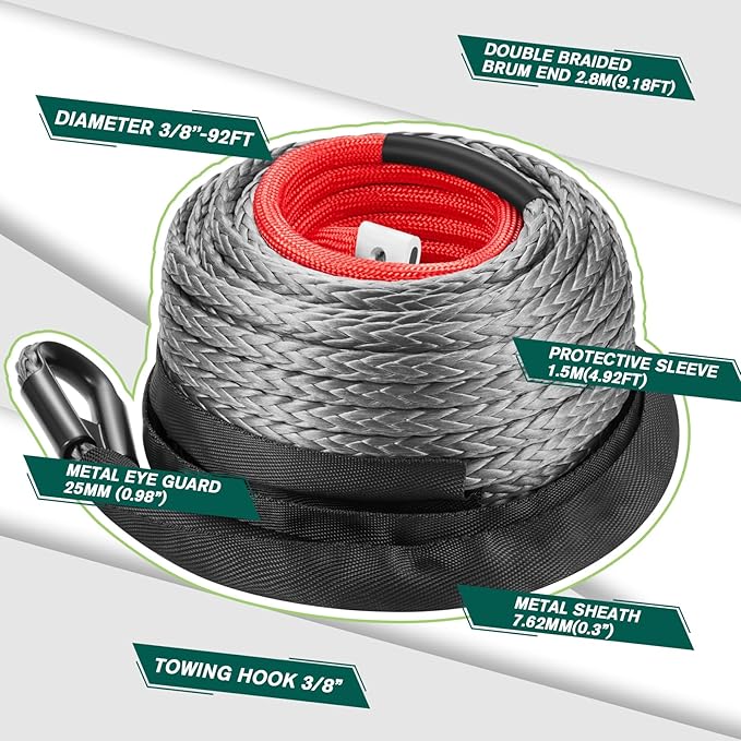 3/8 Inch x 80 Feet Synthetic Winch Rope, 24000Lbs Synthetic Winch Line Cable Rope with Protective Sleeve for Off Road Vehicle SUV Gray