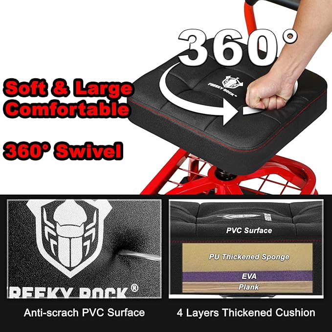 Rolling Shop Stool with Wheels, Garage Mechanic Shop Chair with Handle Backrest, Adjustable Height Work Stool, Roller Seat with Tool Tray Storage, Heavy Duty, 330 LBS Capacity, Red