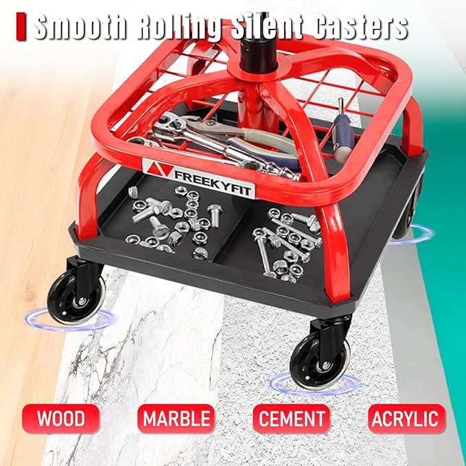 Rolling Shop Stool with Wheels, Garage Work Mechanic Stool with Backrest, Roller Mechanic Chair, Adjustable Height, 360° Swivel, Tool Tray Storage, 330 LBS Capacity, Heavy Duty, Red