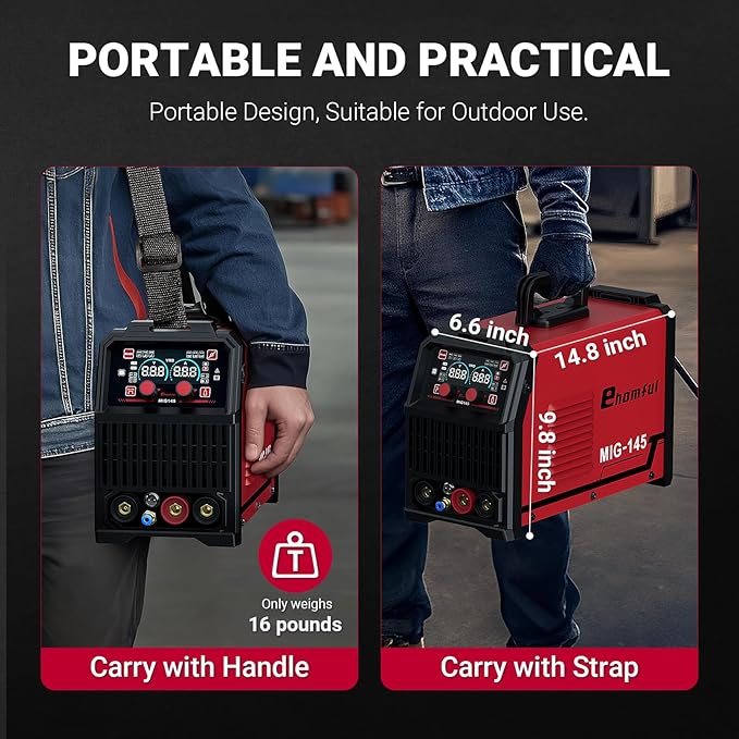 Ehomful 145A Mig Welder 110v/220v,Gas MIG/Gasless Flux Core MIG/Lift TIG/MMA/Stick Welder Machine, 4 in 1 Multi-Process Welding Machine with Synergy, IGBT Inverter,with Welders Helmet and Gloves