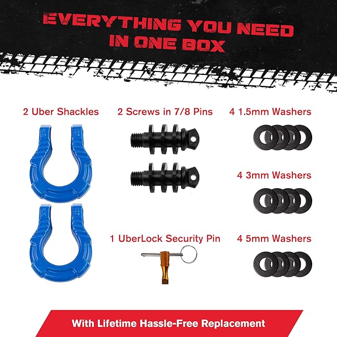 GearAmerica UBER Shackles with Anti-Theft Lock - 80,000 Lbs (40 T) Strength - Connect Tow Strap or Winch Line for Off-Road Recovery, Towing D-Rings and Uber Lock Security Pin - (Blue, 2 Pack)