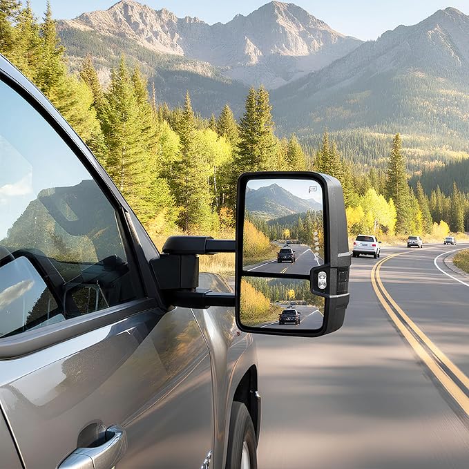 DWVO Power Heated Towing Mirrors for 2007-2014 Chevy Silverado GMC Sierra | Foldable LED Signal Lights with Manual Telescoping | Compatible with 2500HD 3500HD Heavy Duty Trucks Tahoe Suburban Denali