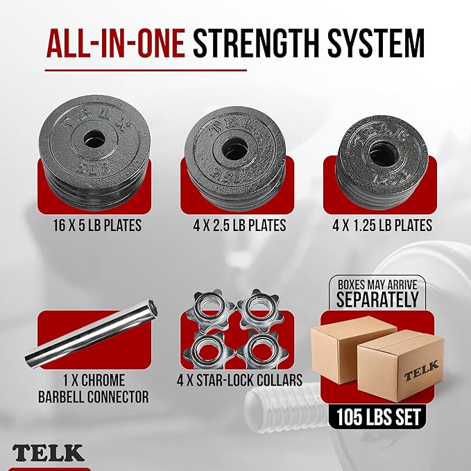 TELK – Adjustable Dumbbell Set – Home Gym Weight Set with Baked Enamel Cast Iron Plates – Space-Saving Free Weights for Strength Training