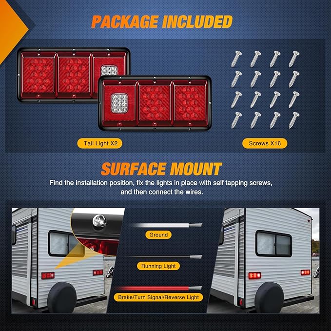 Nilight LED Triple Tail Light 2PCS Rectangle Red Stop Brake Turn Signals White Reverse Back Up Lights Surface Mount Waterproof Trailer Camper Van RV Caravan Taillights