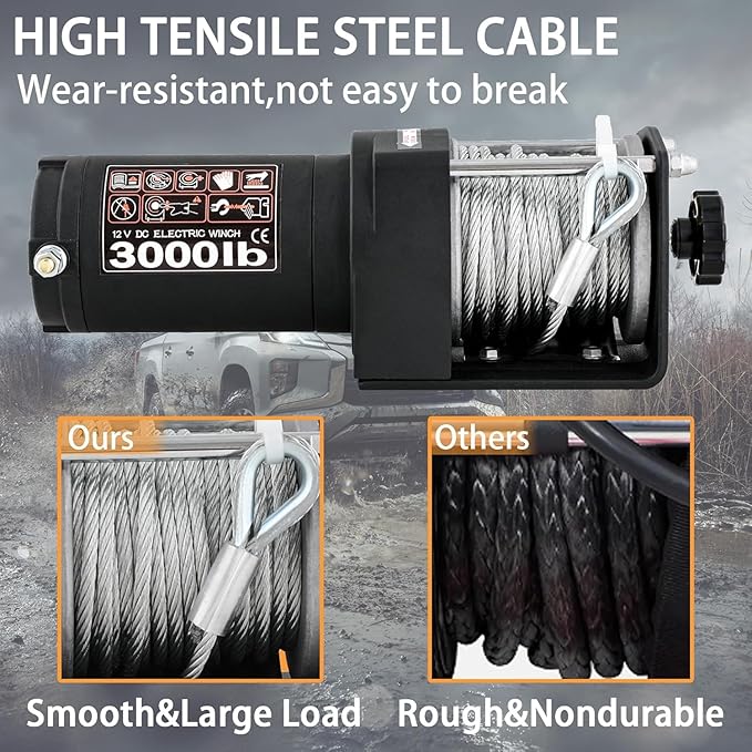 3000LBS Recovery Winch with Steel Rope and 2 Wireless Remotes Waterproof 12V Electric Winch for ATV/UTV,Boat Trailer Winch(Black)