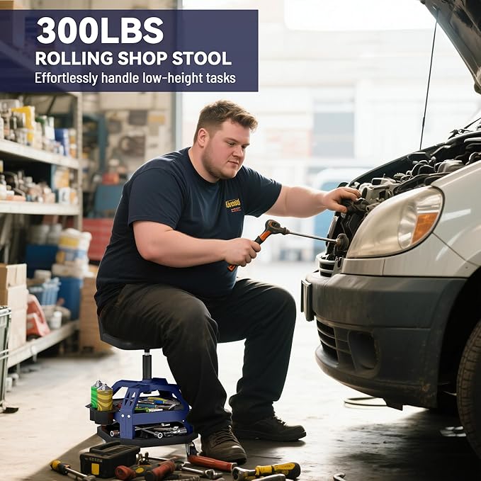 HOMCOM Rolling Mechanic Stool, 300 LBS Capacity Pneumatic Creeper Garage Stool with 360° Wheels, Backrest, Heavy Duty Roller Seat Padded Shop Chair with Tool Tray Storage, Adjustable Height (Blue)