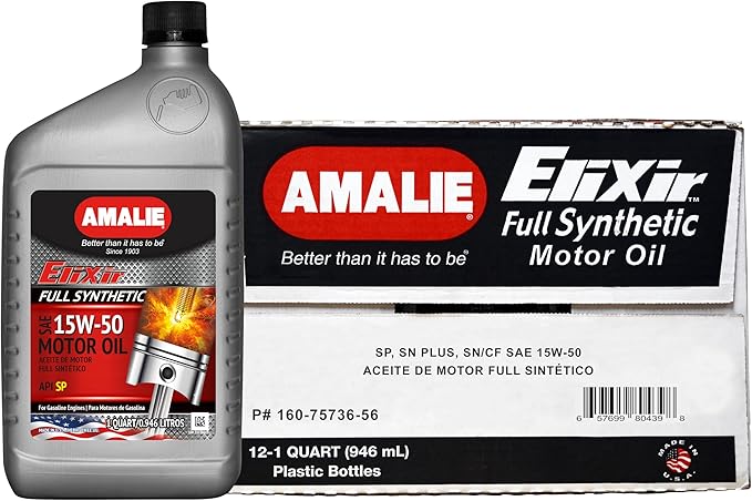 AMALIE Elixir Full Synthetic 15W-50 (160-75736-56) 1 Quart Bottle, Pack of 12 | Made in USA