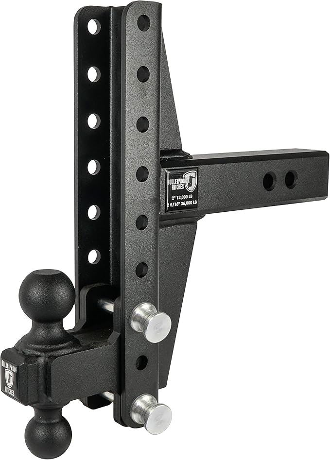 BulletProof Hitches - 2.5" Adjustable Extreme Duty Trailer Hitch (36,000 lb. Rating) - Offset 4" & 6" Drop/Rise with 2" and 2 5/16" Dual Ball - Powder Coat, Solid Steel, Corrosion-Resistant