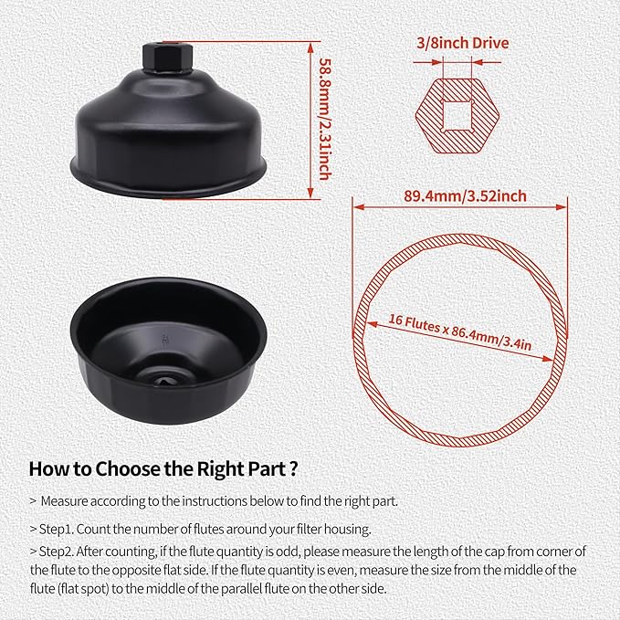 86.4mm 16 Flutes Oil Filter Wrench Compatible with BMW with 86mm Cartridge Style Filter Housing Caps, Oil Filter Housing Cap Removal Tool To Change Oil, Oil Filter Socket Wrench Kit