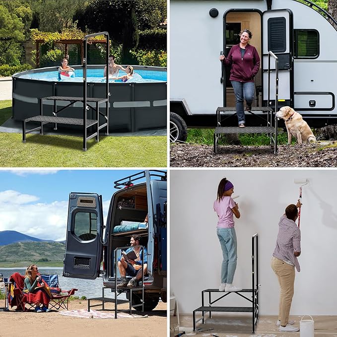 RV Step with Handrail, Foldable 2 Steps with Handle RV Stairs Home Ladder Foldable Stairs for 5th Wheel RV, Hot Tub, Outdoor Spa Pool