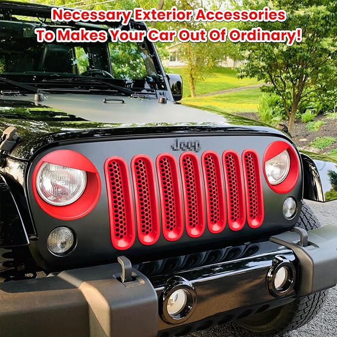 Front Grille Mesh Inserts & Headlight Cover for Jeep Wrangler JK JKU Sport Freedom Rubicon Sahara Unlimited 2007-2018 Exterior Accessories Clip-in Grille Guard Headlight Bezels Trim (Matte Red)