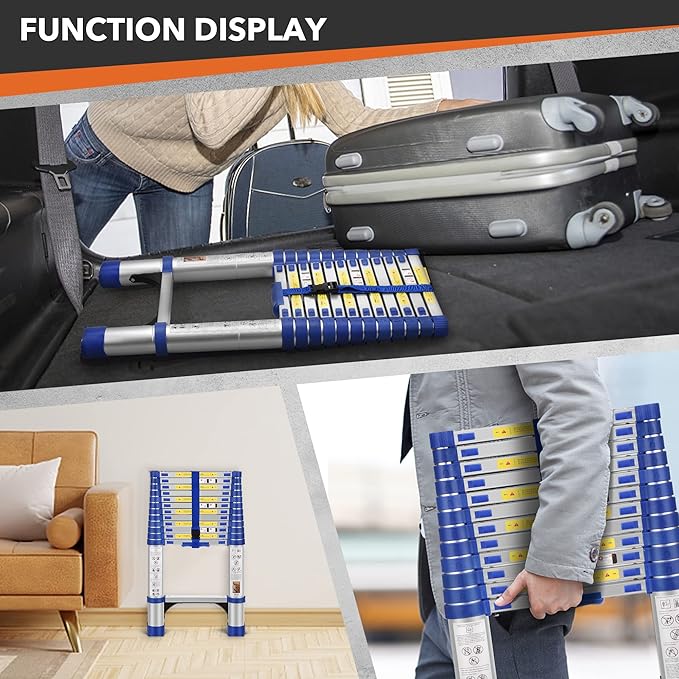 12.5FT Aluminum Extension Ladder, Telescoping Ladder w/Triangle Stabilizers and Non-Slip Feet, 330lbs Capacity Lightweight Retractable Ladder for Work, RV and Outdoor Blue