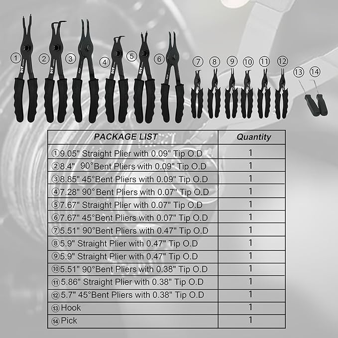 SGT 14pc Snap Ring Pliers Set,Internal & External Circlip Pliers with 45°/90° Bent and Straight Pliers, Hook & Pick,Heavy Duty Removal Tool with Storage Case & Gloves