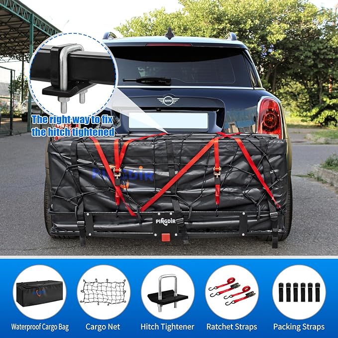 Folding Hitch Mount Cargo Carrier Hitch Rack Basket 60"*21.5"*6" Hauling Weight Capacity of 500 Lbs, Waterproof Cargo Bag 58" 19" 24", with Hitch Stabilizer,Cargo Net and Ratchet Straps