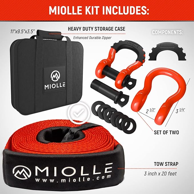 MiolleGear Tow Strap 3”x20’- 33400lbs MBS (Lab Tested) Recovery Strap Kit Includes: Tow Rope, 2 D-Ring Shackles MBS-41800LBS, Storage Case