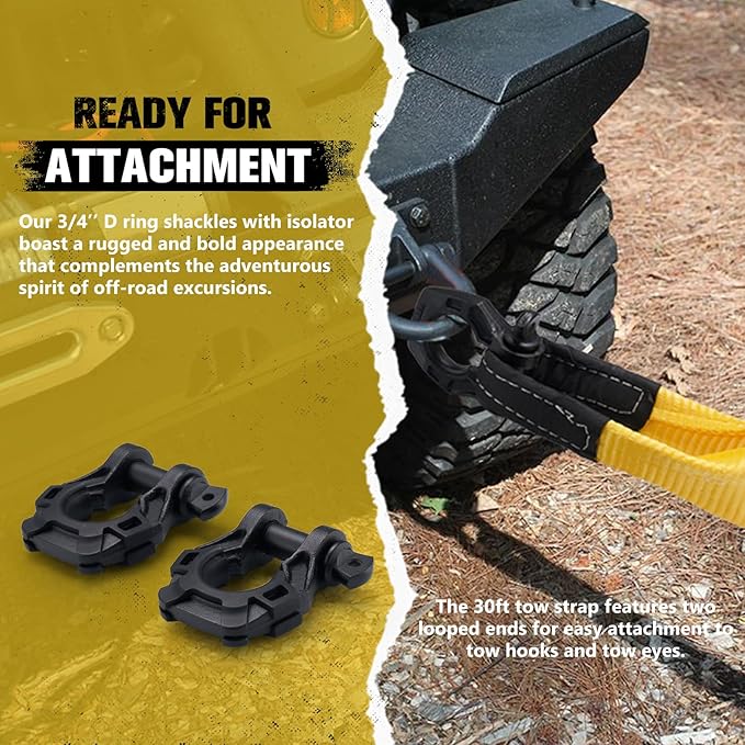 BUNKER INDUST Heavy Duty Tow Strap Recovery Kit, 3" x 30ft Recovery Straps + Pair 3/4 D Ring Shackles + Bag 35,000 lbs Tree Saver Winch Strap - Emergency Vehicle Off Road Towing Rope
