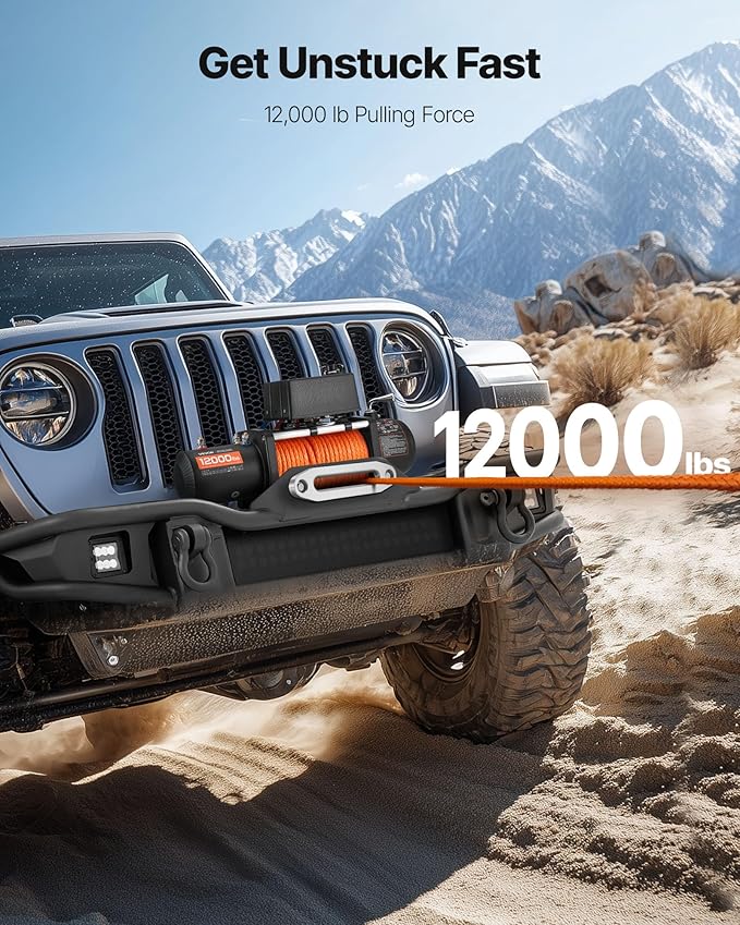 VEVOR Electric Winch, 12000 lbs Load Capacity, 12V DC Truck Winch with Φ0.36 in x 75.5 ft Synthetic Rope, Wireless & Wired Remote Control, IP55 Waterproof for Towing Off-Road SUV Jeep Trailer