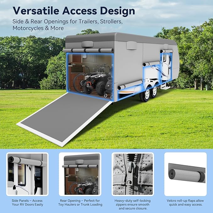 Heavy Duty Travel Trailer RV Cover 16-18ft, 8 Layers Breathable Waterproof Rip-Stop Camper Cover with Adhesive Repair Patches, Gutter, Tire & Additional Straps