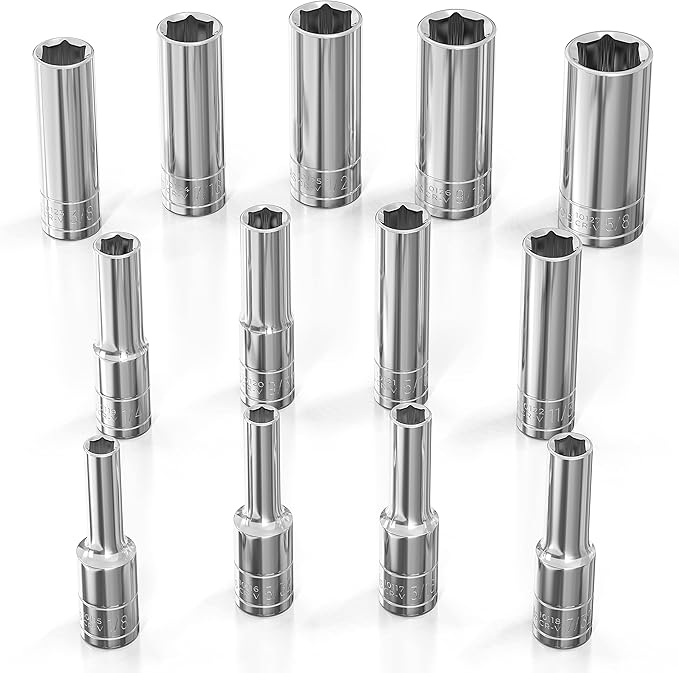 Olsa Tools SAE Deep Socket Set - 1/4-Inch Drive, 13pc - 6-Point Chrome Sockets from 1/8" to 5/8" and No Skipped Sizes - Mechanic Deep SAE Socket Set - Professional Grade Long Sockets - Part: 1329