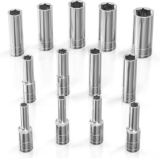 Olsa Tools SAE Deep Socket Set - 1/4-Inch Drive, 13pc - 6-Point Chrome Sockets from 1/8" to 5/8" and No Skipped Sizes - Mechanic Deep SAE Socket Set - Professional Grade Long Sockets - Part: 1329