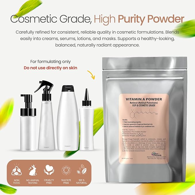 Vitamin A Powder Retinyl Palmitate, Pure Retinol Powdered Vitamin Water Soluble Vitamin A USP & Cosmetic Grade (2 oz. / 56 Grams)